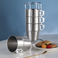 雙層不鏽鋼真空杯 300ml 4入+支架套組, 銀色