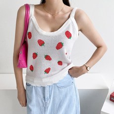 뜨개진 여성용 비스코스 스칼럽 딸기 자카드 뷔스티에 후르츠 나시