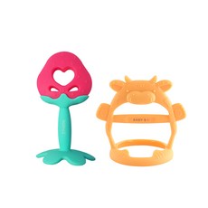 BABY&I 造型固齒器+手腕穿握型固齒器 附收納盒 3個月以上, 草莓+橘色小牛, 1組