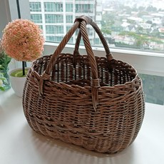 Rattan Shop 橢圓形花朵提把藤編野餐籃 J064, 棕色, 1個