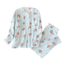 레이스 프릴 소매 피치 과일 패턴 임산부 잠옷 상하의 세트