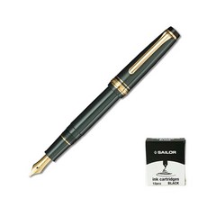 SAILOR 寫樂 質感鋼筆+卡式墨水管 12入, 中頻, 金屬綠（鋼筆）、黑色（墨水）