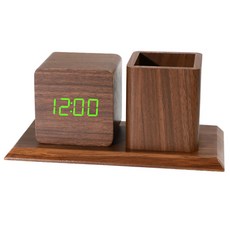 Quardi 桌鐘筆筒 綠光, 棕色木紋