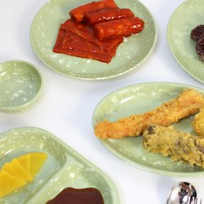 小吃餐具A款5件組, 圓盤 200mm + 圓盤 225mm + 橢圓盤 225mm + 2格分隔盤 + 醬料碟, 橄欖大理石紋, 1套