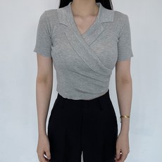 빼빼 여성용 카라넥 랩스타일 크롭 골지 반팔 니트