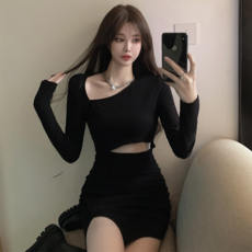 PEONIST 修身開衩迷你連身裙, 黑色