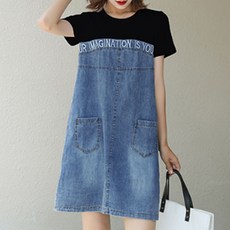 메이첼 레터링 포인트 큐티 포켓 데님 미니 원피스 00084 빅사이즈 포함