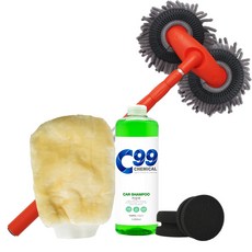 C99雙洗車刷+打蠟器+洗車兩面洗車手套+洗車液1000ml洗車用品套組, 1套