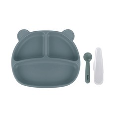 Bebelock 韓國製 Poner 白金矽膠吸盤餐盤 + 湯匙 + 湯匙盒組, 藍灰色, 吸盤餐盤 + 湯匙 + 湯匙盒, 1套