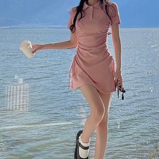 SPACT 女款翻領短袖洋裝, 淡粉色