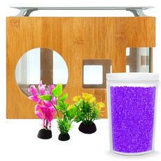 Aquatera 木質魚缸 AMZW30+魚缸裝飾仿真植物 3入+造景石 1kg+LED燈組, 紫色（地材），隨機發貨（水草）