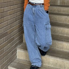 인비비드 여성용 스트릿 플로우 카고 와이드 워싱 데님 팬츠 G03K6_ij5464 롱