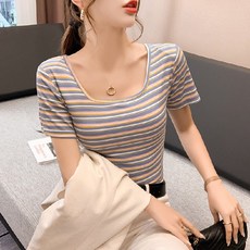 묘먀미 여성용 스퀘어넥 컬러 스트라이프 슬림핏 반팔티 AA062