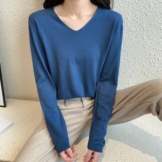 마켓에이 여성용 브이넥 단색 심플 니트 티셔츠
