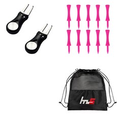 NAYASTYLE 高爾夫果嶺叉修復器 黑色 2入 + PE 高爾夫標準球梯 粉紅色 10入 + 收納袋組合 GFYP-38-2 169-5PU, 混合顏色