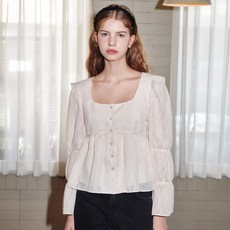 oh L SQUARE NECK SHIRRED PUFF BLOUSE