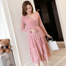 孕婦V領亮片連身蛋糕裙