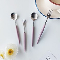 Bogen 艾菲爾餐具組 銀色 深粉色, 茶匙 2p + 茶叉 2p, 1套