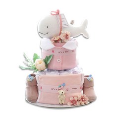 babybakery 尿布蛋糕 可愛白鯨連身衣蛋糕 雙層新生兒套組, 白色(白鯨), 粉紅色(連身衣, 圍兜, 襪子), 1個