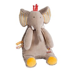 Moulin Roty 音樂鈴安撫娃娃 - 天鵝絨海綿 寶寶舒眠音樂 繽紛色彩布標 可拆卸清洗, 小小象 灰色, 1個