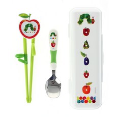 ERiC CARLE 艾瑞卡爾 學習餐具盒組, 綠色毛毛蟲款, 筷子+湯匙+收納盒, 1組