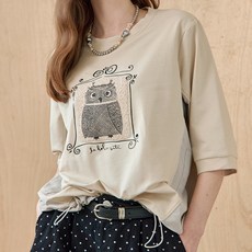 MAXZA 마쟈 여성용 부엉이 프레임 배색 5부 반팔 티셔츠