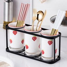 Monde Spot 可愛廚房草莓陶瓷瀝水餐具筒 3格 YY57326, 1個, 混合色