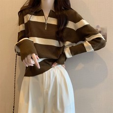 PEONIST 女款半拉鍊條紋翻領長袖T恤