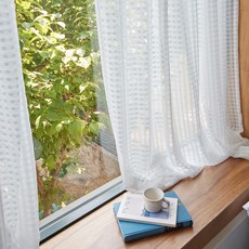 BAZAAR 格紋圖案窗簾+窗簾綁帶組, 白色的