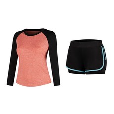Naya Style女款瑜珈服長袖上衣 橘色黑色+短褲套裝 1109