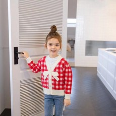 amare illael 女童蝴蝶結裝飾格紋針織開襟衫