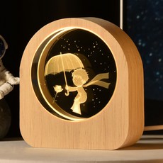 연하 크리스탈 원형 우드 프레임 LED 무드등+선물포장, 어린왕자