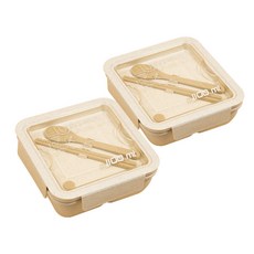 COZY TABLE 奶油色麥稈方形便當盒 + 湯匙 + 筷子組 1100ml, 2套, 混合顏色