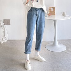 BBAEBBAE 女款後鬆緊腰寬鬆約克線條牛仔褲