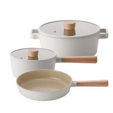 NEOFLAM 台灣原廠公司貨 FIKA系列 鑄造三鍋組, 湯鍋 + 單柄湯鍋 + 平底鍋, 米白色, 1組