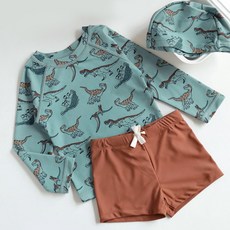 우주아이 남아용 다이노파티 래쉬가드 상하의 + 수영모 세트