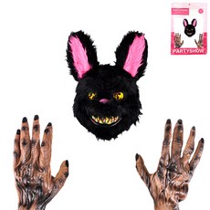 派對秀怪異殭屍手套雙手+怪異殭屍面具兔子套裝, 1套, 黑色（兔面具）