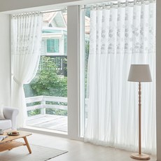 VIEW HOUSE 牡丹花雙層蕾絲雪紡窗簾組, 白色