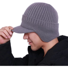 Distif 冬季防寒運動耳罩毛帽, 帽簷 灰色 刷毛, 1個