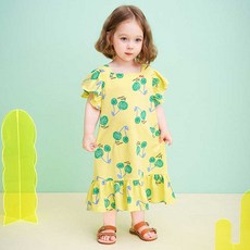 mollimelli 女童透氣綠櫻桃方領連身裙