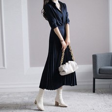 Chichills Kallia 翻領正式百褶西裝長版洋裝 12076, 海軍藍