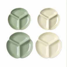 Homely Zakka 北歐三葉形陶瓷健康分隔餐盤4件組 7吋 2個 + 9吋 + 2個, 奶油白 + 奶油綠, 1組