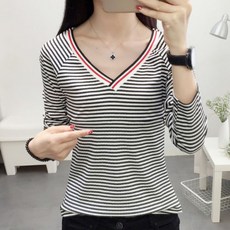 孕婦V領條紋長袖上衣