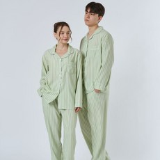 情侶款絲滑條紋長袖翻領睡衣套裝