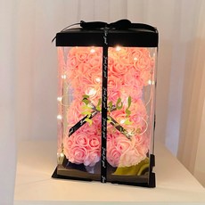 LOVELY FARM 人造玫瑰熊 小 + 專用盒 + LED燈泡 + 字母貼紙 + 緞帶裝飾 套組, 粉紅色 + 生日