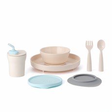 miniware 微兒 第2代副食品吸附餐具組, 乳白色+藍色, 蓋子+碗+盤子+吸盤底座+吸管杯+湯匙+叉子
