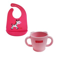fisher-price 費雪 矽膠雙耳杯+矽膠圍兜, 粉色(杯子)+粉色(圍兜), 1組