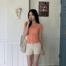 시크블랙 여성용 카히우 브이넥 단추 반팔 니트 cpnt4634k36