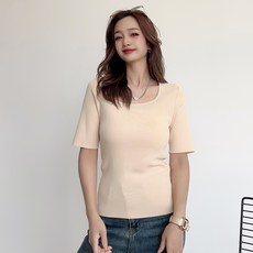 더시럽 여성용 얇은 골지 딥넥 반팔 니트티