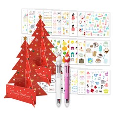 2Youngdesign 聖誕樹立體卡 2入 + 聖誕6色原子筆 隨機出貨 2入 + 裝飾貼紙 28種套組, 紅色, 1套